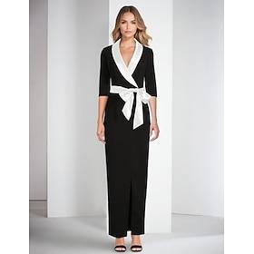 Sheath / Column Cocktail Dresses Elegant Dress Formal Ankle Length Half Sleeve Shirt Collar Champagne Mother Of the Bride Dress Stretch Crepe with Slit Embroid