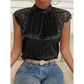 Dames Overhemd Blouse Casual Kant Afdrukken Korte mouw Normale tops Strakke ronde hals Dagelijks Zwart Wijn Beige Zomer