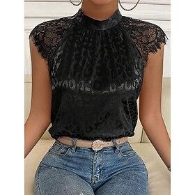 Dames Overhemd Blouse Casual Kant Afdrukken Korte mouw Normale tops Strakke ronde hals Dagelijks Zwart Wijn Beige Zomer