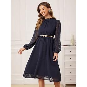 Dame Elegant kjole Mini kjole Rynket Med belte Formelt Crew-hals Langermet Navyblå Farge