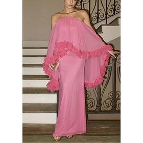 Linjeform Kveldskjoler Elegant Kjole Valentinsdag Bryllupsgjest Gulvlengde 3/4 ermer Løse skuldre Chiffon med Fjær 2024