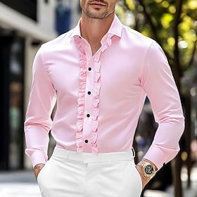 Men's Shirt Dress Shirt Plain Wedding Street Black White Pink Long Sleeve Turndown Summer Spring Clothing Apparel Lettuce Trim