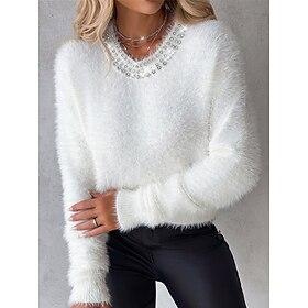 Dames Trui Strakke ronde hals Geribd breien Lapwerk Sierstenen Gebreid Herfst Winter Buiten Dagelijks Weekend Casual Zacht Lange mouw Heldere kleur Wit