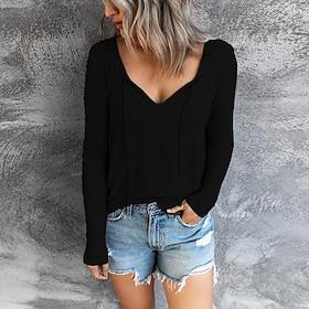 Women's BurgundyTee Fashion Stylish Patchwork Long Sleeve Regular Tops V Neck Vacation Daily Black Red Royal Blue Fall  Winter