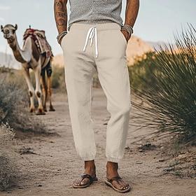 Men's Linen Pants Trousers Summer Pants Elastic Waist Straight Leg High Rise Solid Color Comfort Breathable Full Length Daily Streetwear Retro Vintage Black Wh