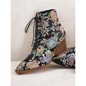 blomsterbroderede ankelstøvler med snørebånd til kvinder - levende pink satin med tyk hæl til afslappet, fest eller boho-chic outfits