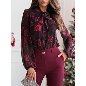 Dame Skjorte Bluse Fritid Trykt mønster Langermet Vanlige topper Rullekrage Daglig Svart Rød Grå Vår  Vinter
