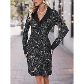 Damen Paillettenkleid Minikleid Pailletten Patchwork Ausgefallene V Ausschnitt Langarm Schwarz Farbe