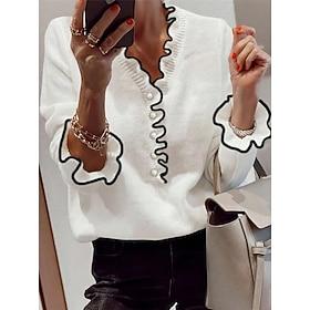 Dame Genser Kofte V-hals Riflet Strikke Drapering Knapper Strikket Høst Vinter utendørs Daglig Helg Fritid Myk Langermet Ren farge Svart Hvit