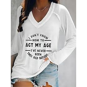 Women's T shirt Long Sleeve V Neck Long Sleeve Graphic Casual Daily Basic Letter Print Regular Tops Daily Weekend White Gray Fall  Winter Prefall