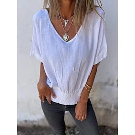 Women's Shirt Blouse Basic Casual Ruched Short Sleeve Regular Tops V Neck Daily White Brown Beige Summer Spring