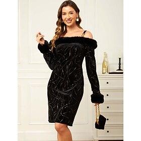 Women's Black Dress Sequins Faux Fur Trim Half Sleeve Cocktail Party Black