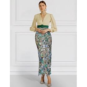 Sheath / Column Evening Gown Elegant Dress Formal Wedding Ankle Length Long Sleeve V Neck Belt / Sash Sequined with Slit Embroidery Appliques 2024
