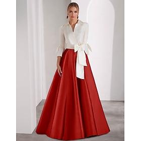 A-Line Evening Gown Elegant Dress Formal Valentine's Day Floor Length 3/4 Length Sleeve Shirt Collar Satin with Bow(s) Slit 2024