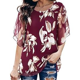 Dame Skjorte Bluse Fritid Netting Trykt mønster 3/4 ermer Vanlige topper Crew-hals Daglig Svart Vin Blå Sommer Vår