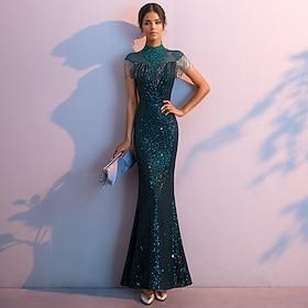 Trompete / Meerjungfrau Abendkleider Vintage Kleid Formal Abiball Boden-Länge Ärmellos Trägerlos Pailletten mit Glitzer Quaste 2024