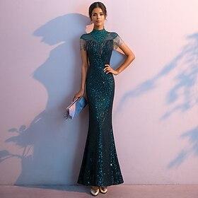 Trompete / Meerjungfrau Abendkleider Vintage Kleid Formal Abiball Boden-Länge Ärmellos Trägerlos Pailletten mit Glitzer Quaste 2024