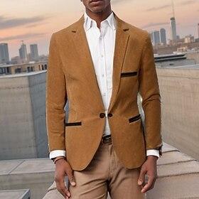 Men's Blazer Business Cocktail Party Wedding Party Fashion Casual Spring   Fall Corduroy Solid Color Buttons Pocket Comfortable Single Breasted Blazer Burgundy