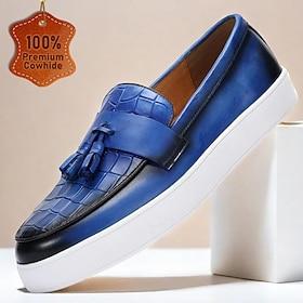 Blauwe leren loafers met krokodillenmotief en kwastje voor heren veelzijdig voor casual en zakelijk casual