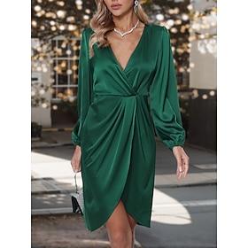 Damen Elegantes Kleid Minikleid Rüschen Patchwork Ausgefallene V Ausschnitt Langarm Grün Farbe