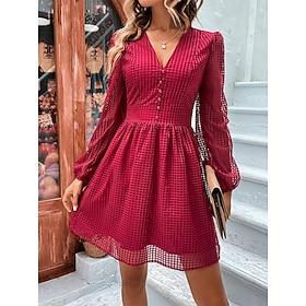 Women's Plaid V Neck Mini Dress Long Sleeve Summer Spring