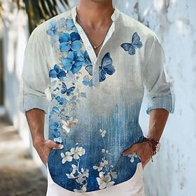 Men's Butterfly Summer Hawaiian Shirt Aloha Shirt Long Sleeve Hawaiian Resort Vacation Spring Fall V Neck Buttons Blue