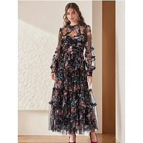 A-Line Prom Dresses Elegant Dress Formal Wedding Floor Length Long Sleeve Illusion Neck Chiffon with Floral Print 2024