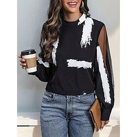 Women's Shirt Blouse Casual Mesh Print Long Sleeve Regular Tops Turtleneck Daily Black Spring   Fall