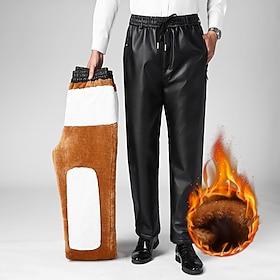 Men's Fleece Pants Winter Pants Trousers Faux Leather Shorts Pocket Drawstring Elastic Waist Solid Color Comfort Warm Sports Outdoor Daily Fashion Classic Styl