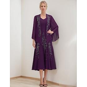 Todelt A-linje Dress dress Kjole til brudens mor Elegant Årgang Glitrende V-hals Te-lengde Chiffon 3/4 ermer med Plissert Paljett 2024
