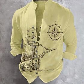 Men's Nautical Anchor Sailboat Shirt Button Up Shirt Long Sleeve Fashion Streetwear Designer Outdoor Casual Daily Summer Spring Fall Stand Collar Print White K