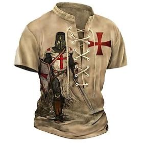Men's Crusaders T Shirt Graphic Knights Templar Stand Collar Clothing Apparel 3D Print Causal Memorial Day Short Sleeve Lace up Print Polyester Vintage Fashion