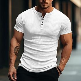 Men's Henley Shirt Muscle Shirt Ribbed Knit tee Tee Top Short Sleeves Plain Fashion Designer Basic Henley Vacation Street Going out Summer Black White Navy Blu