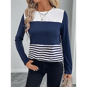 Women's T shirt Crew Neck Long Sleeve Tunic Striped Casual Regular Tops Daily Print Blue Spring Fall