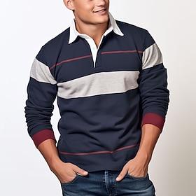Men's Striped Rugby Polo Long Sleeve Polo Shirts Collared Shirts Sportswear Casual School Outdoor Athleisure 3D Print Spring Fall Winter Dark Blue