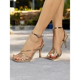 Gold Metallic Strappy Stiletto Sandals with Ankle Strap - Women's Elegant High Heels for Weddings and Evening Parties