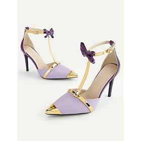 Women's Lavender T-Strap Stiletto Heels with Gold Accents and Bow Details, Elegant Party and Evening Shoes for Special Occasions