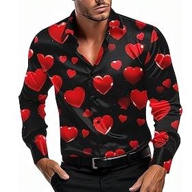 Valentine's Day Men's Heart LOVE Satin Shirt Button Up Shirt Long Sleeve Fashion Casual Party Gift Holiday Spring Fall Turndown 3D Print Black Pink Blue Purple