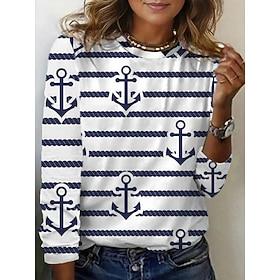 Women's T shirt Crew Neck Long Sleeve Tunic Ocean Casual Regular Tops Daily Going out Weekend Print Blue Light Blue