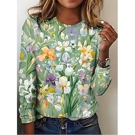 Women's T shirt Long Sleeve Crew Neck Long Sleeve Tunic Floral Elegant Vintage Regular Tops Daily Going out Weekend Print Grass Green White Light Green Prefall