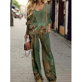 Women's 2 Pieces Basic Neon  Bright Shirt Blouse 3/4 Length Sleeve V Neck Floral Print Casual Linen Like Green Summer Regular Fit