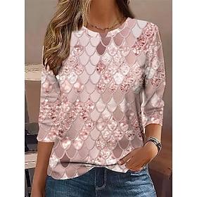 Women's T shirt Crew Neck Long Sleeve Tunic Geometric Casual  Regular Tops Daily Print Pink Spring Fall