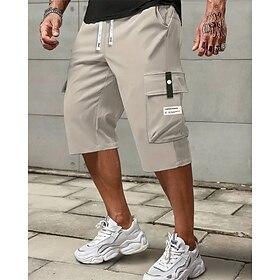 Men's Cargo Shorts Summer Shorts Capri shorts Drawstring Elastic Waist Multi Pocket Plain Comfort Wearable Calf-Length Outdoor Sport Daily Fashion Casual Black