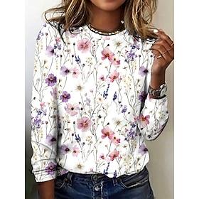 Women's T shirt Crew Neck Long Sleeve Tunic Floral Elegant Vintage Regular Tops Daily Going out Weekend Print White