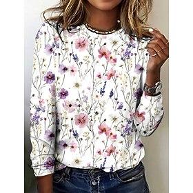 Women's T shirt Crew Neck Long Sleeve Tunic Floral Elegant Vintage  Regular Tops Daily Going out Weekend Print White