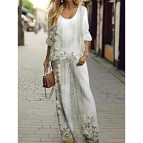 Women's 2 Pieces Basic Neon  Bright Shirt Blouse 3/4 Length Sleeve V Neck Floral Tie Dye Abstract Print Casual Linen Like Ivory Summer Regular Fit