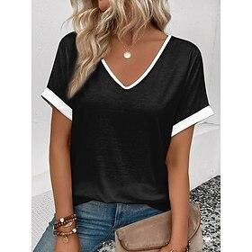 Women's T Shirt Casual Striped Print Short Sleeve Regular Tops V Neck Daily Black and White Summer