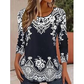 Women's T shirt Long Sleeve Crew Neck Long Sleeve Tunic Floral Graphic Casual Regular Tops Daily Print White / Black Black Blue Orange Brown Spring Fall Prefal