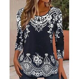 Women's T shirt Long Sleeve Crew Neck Long Sleeve Tunic Floral Graphic Casual Regular Tops Daily Print White / Black Black Blue Orange Brown Spring Fall Prefal