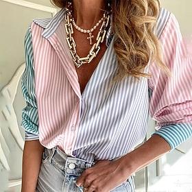 Women's Shirt Buttons Striped Daily Stylish Basic Long Sleeve Shirt Collar Regular Tops Daily Work Holiday Pink Spring Fall